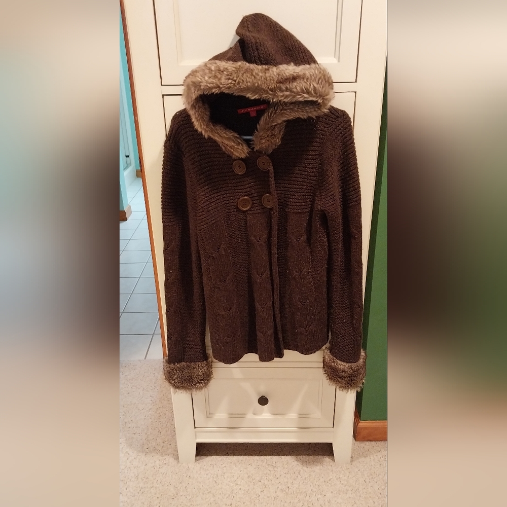 Brown Hooded Sweater with Faux Fur Trim